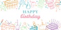Frame with stylized birthday elements on top and bottom. Hand drawn cartoon vector colorful sketch illustration